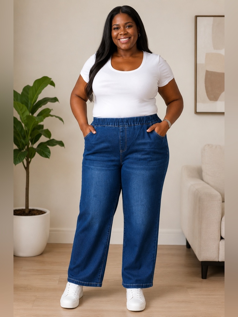 ZESICA Women’s Size 22 Pull-On Stretch Denim Pants Blue Elastic Waist Wide Leg